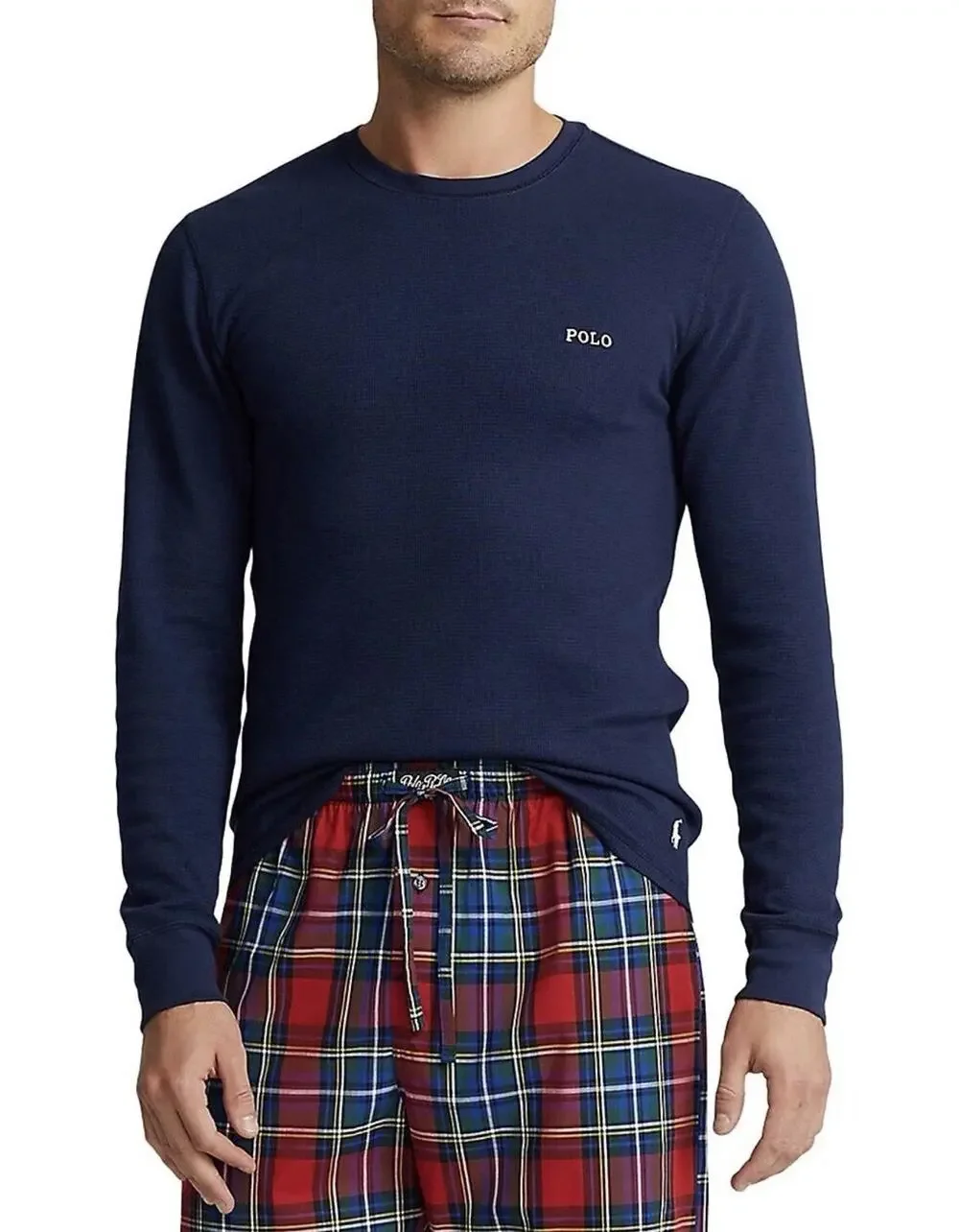 POLO RALPH LAUREN Large Navy Blue Waffle Knit Thermal Sleep Shirt Crewneck